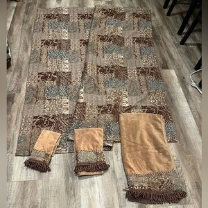 Croscill Brown and Teal Shower Curtain and 3 Piece Towels Set